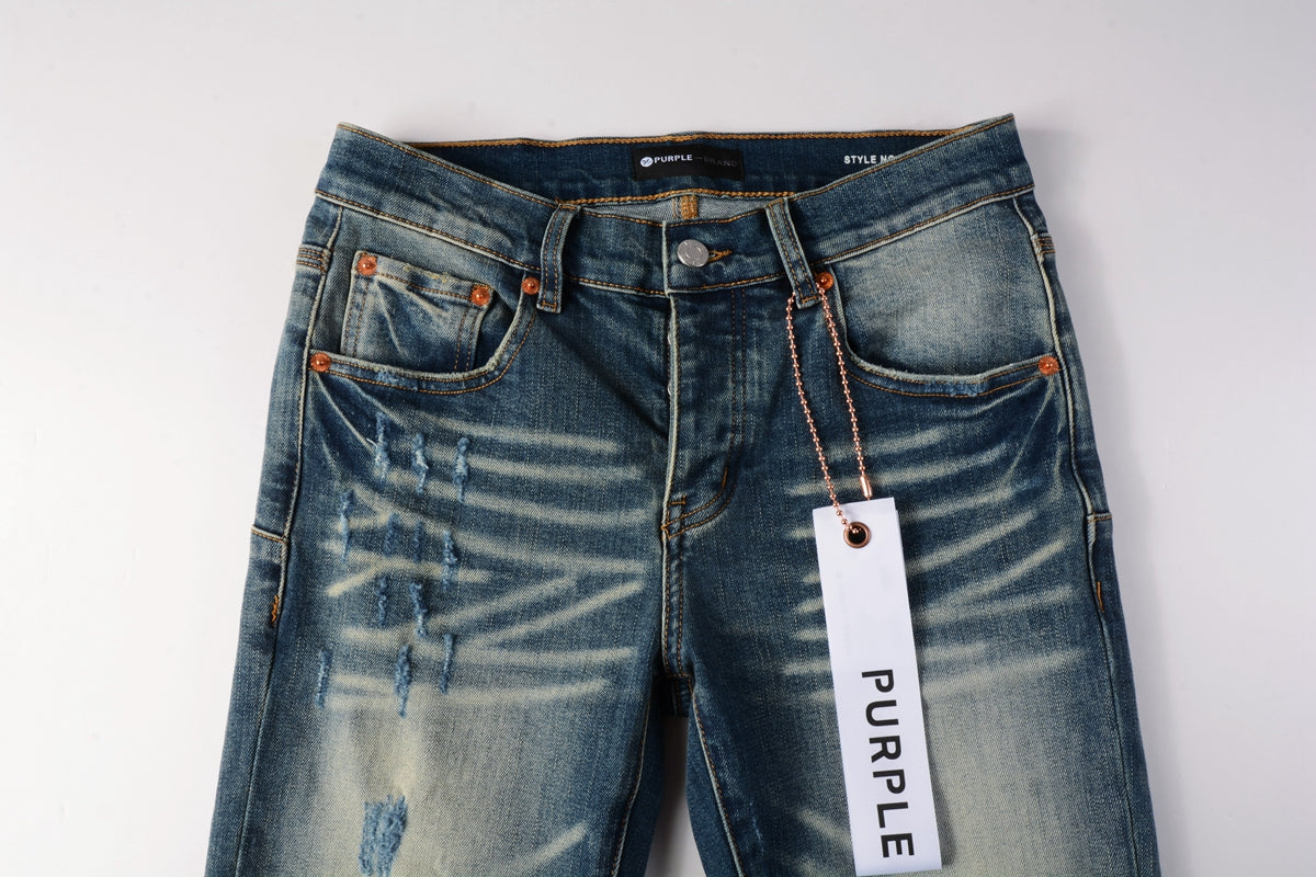 PURPLE  Men Streetwear Skinny Jeans Light Blue Wash with Vintage Faded Wash and Subtle Distress 9055