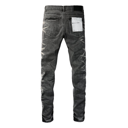 PURPLE  Men Streetwear Skinny Jeans Dark Gray Wash with White Marbled Texture 9056