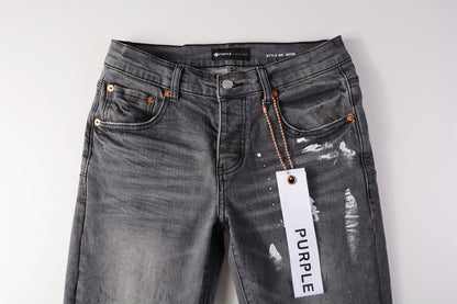 PURPLE  Men Streetwear Skinny Jeans Dark Gray Wash with Knee Rips and White Paint Splatter 9039