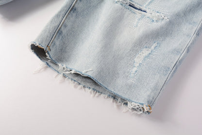 PURPLE  Men Streetwear Denim Shorts Light Blue Wash with Distressed Rips and Raw Hem 5088