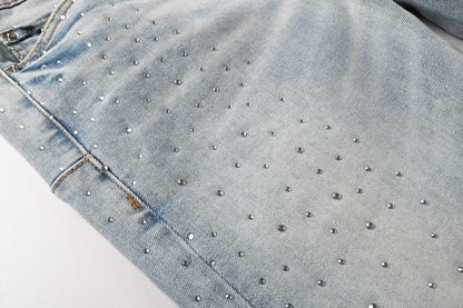 PURPLE  Men Streetwear Skinny Jeans Light Blue with Rhinestone Studs and Distressed Details PU9119