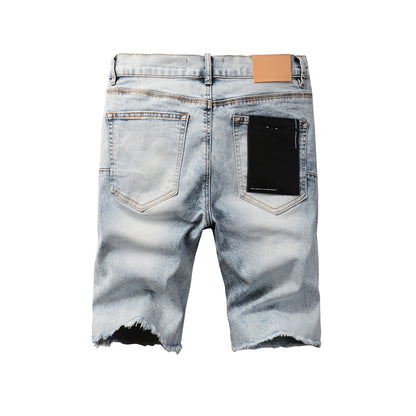 PURPLE  Men Streetwear Denim Shorts Light Blue Wash with Vintage Distressed Raw Hem 5053