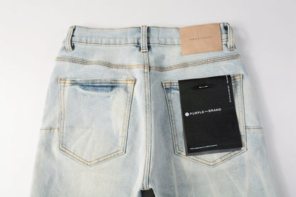 PURPLE  Men Streetwear Denim Shorts Light Blue Wash with Washed Distressed Raw Hem 5017