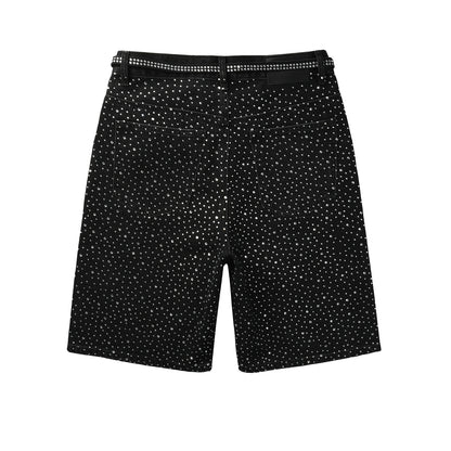 PURPLE  Men Streetwear Black Denim Shorts with Allover Rhinestone Studs and Zipper Details 5095