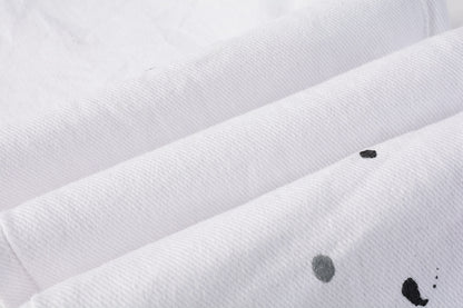 PURPLE   Men Streetwear Skinny Jeans White Wash with Black Paint Splatter and Distressed Rip 9021