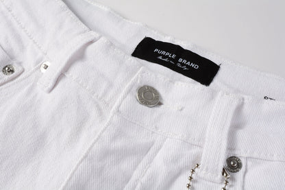 PURPLE  Men Streetwear Denim Shorts White Wash with Black Paint Splatter Print and Raw Hem 5021