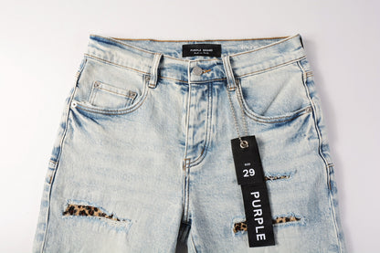 PURPLE Men Streetwear Denim Shorts Light Blue Wash with Leopard Print Patched Rips 5087