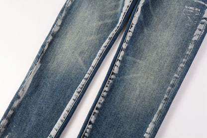 PURPLE  Men Streetwear Skinny Jeans Dark Blue Wash with White Brushstroke Distress 9040