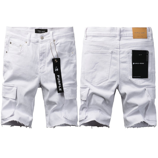 PURPLE  Men Streetwear White Cargo Denim Shorts with Multiple Pockets and Raw Hem 5082