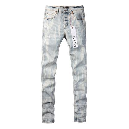PURPLE   Men Streetwear Skinny Jeans Light Blue Wash with White Brushstroke Texture 7017