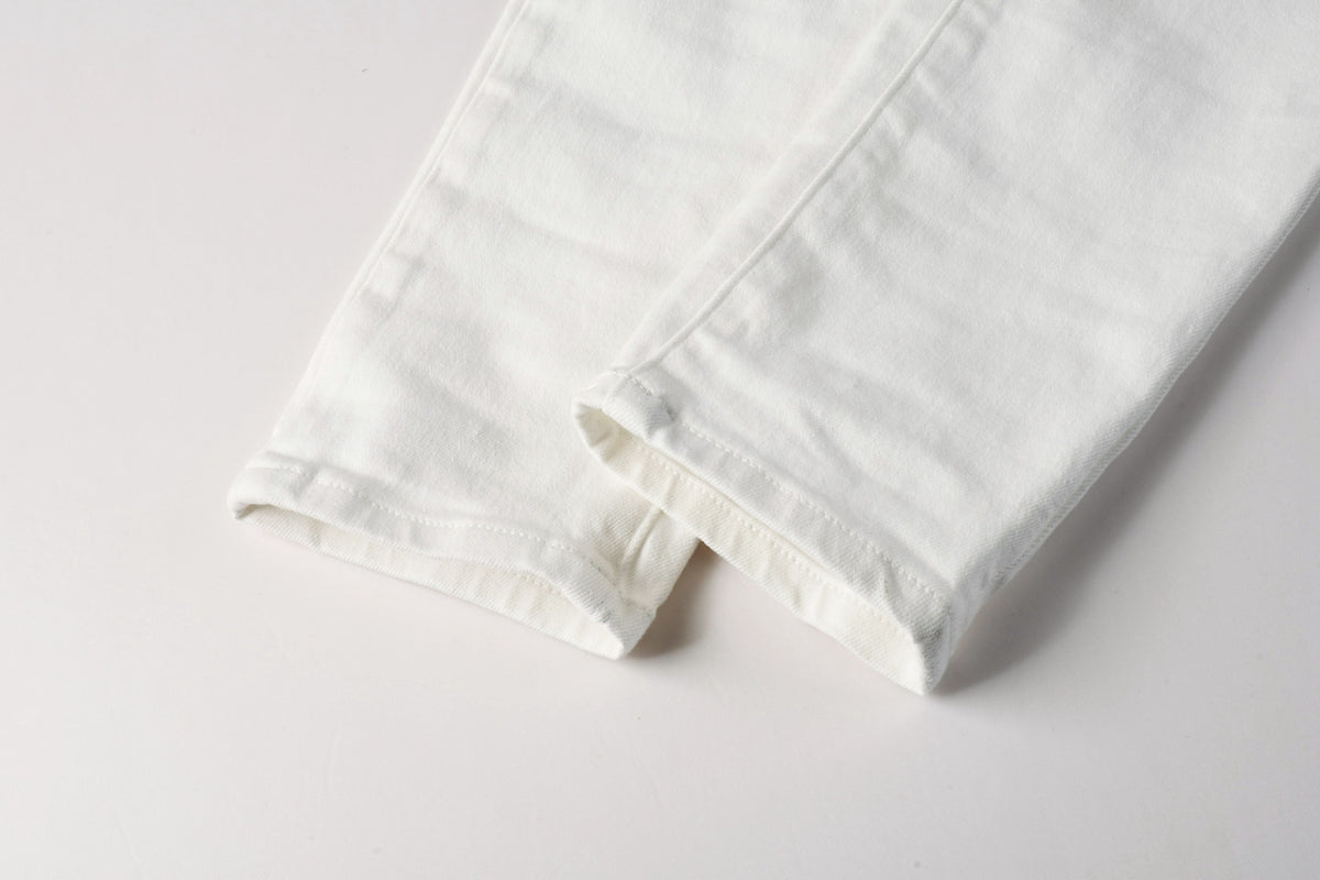 PURPLE  Men Designer Streetwear Skinny Jeans Solid White with 3D Embossed Monogram Pattern 9113