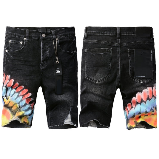 PURPLE  Men Streetwear Denim Shorts Black Wash with Colorful Feather Print and Raw Hem 5085
