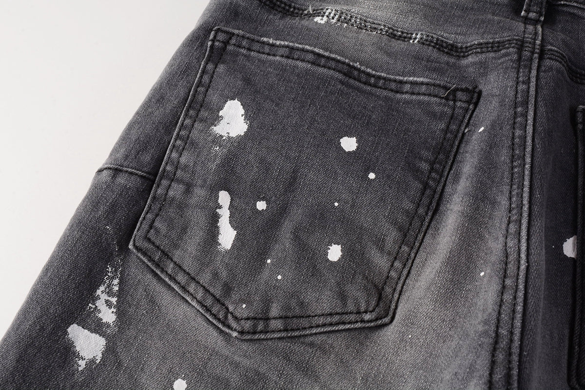 PURPLE  Men Streetwear Skinny Jeans Dark Gray Wash with Knee Rips and White Paint Splatter 9039