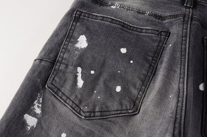PURPLE  Men Streetwear Skinny Jeans Dark Gray Wash with Knee Rips and White Paint Splatter 9039