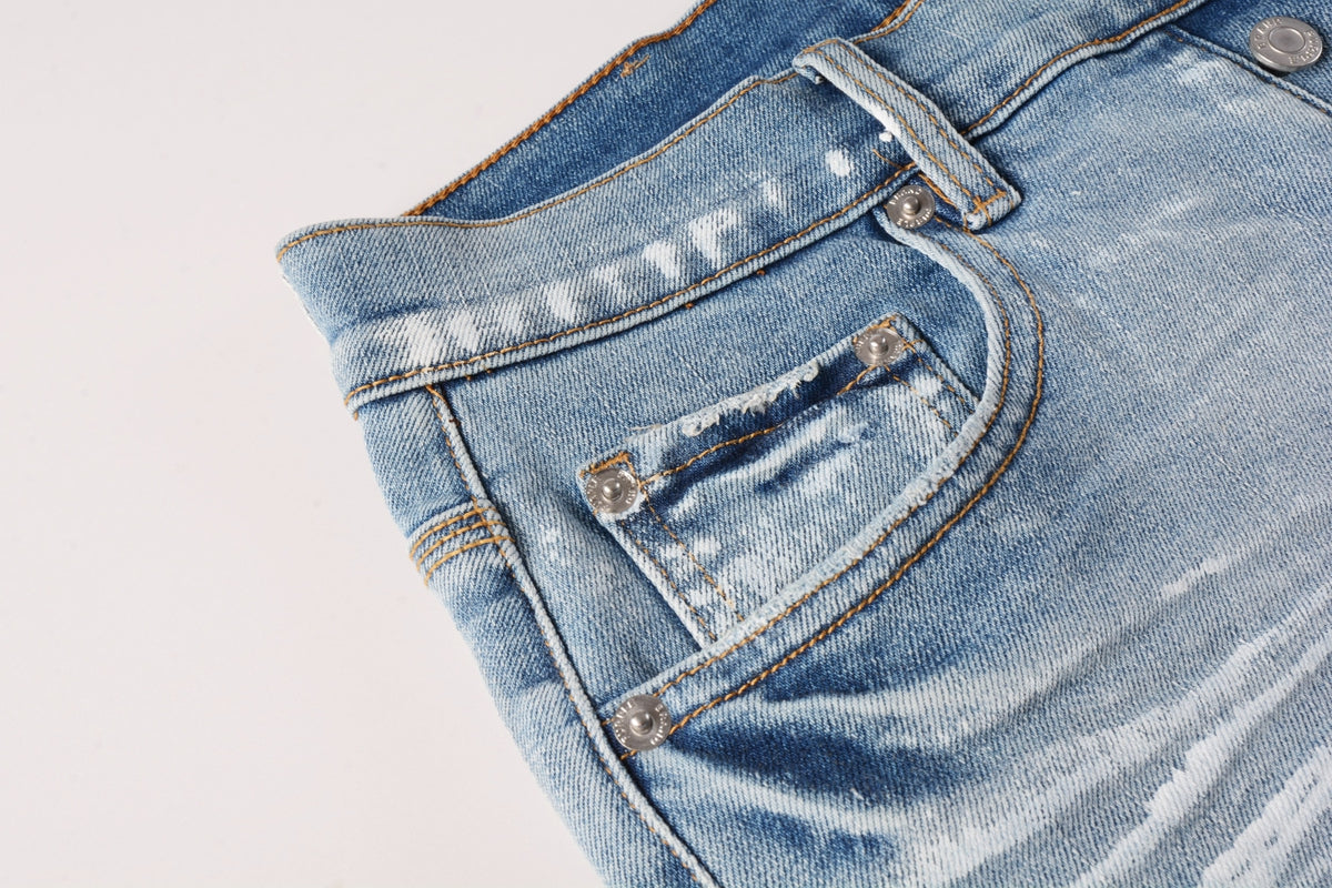 PURPLE  Men Streetwear Light Blue Denim Shorts with Vintage Wash and Raw Hem Finish 5091