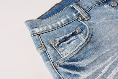 PURPLE  Men Streetwear Light Blue Denim Shorts with Vintage Wash and Raw Hem Finish 5091