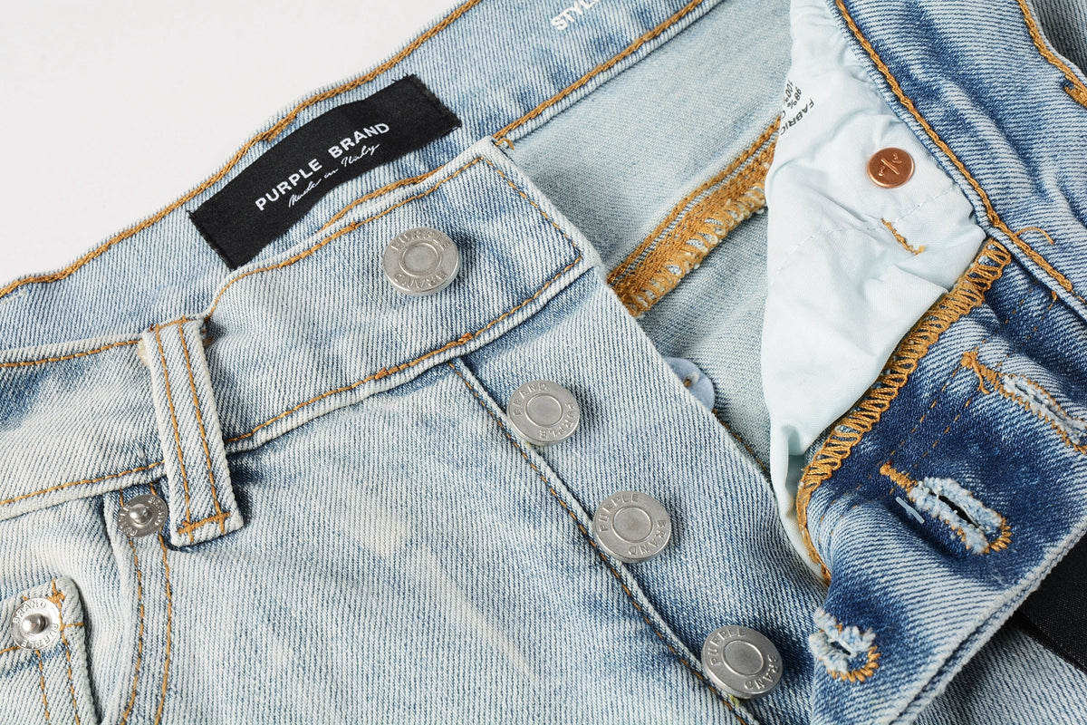 PURPLE  Men Streetwear Denim Shorts Light Blue Wash with Washed Distressed Raw Hem 5017