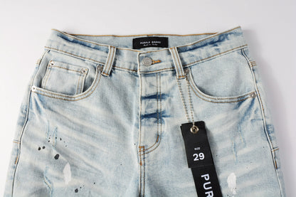 PURPLE  Men Streetwear Denim Shorts Light Blue Wash with White Paint Splatters and Distressed Raw Hem 5006