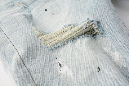 PURPLE  Men Streetwear Denim Shorts Light Blue Wash with White Paint Splatters and Distressed Raw Hem 5006