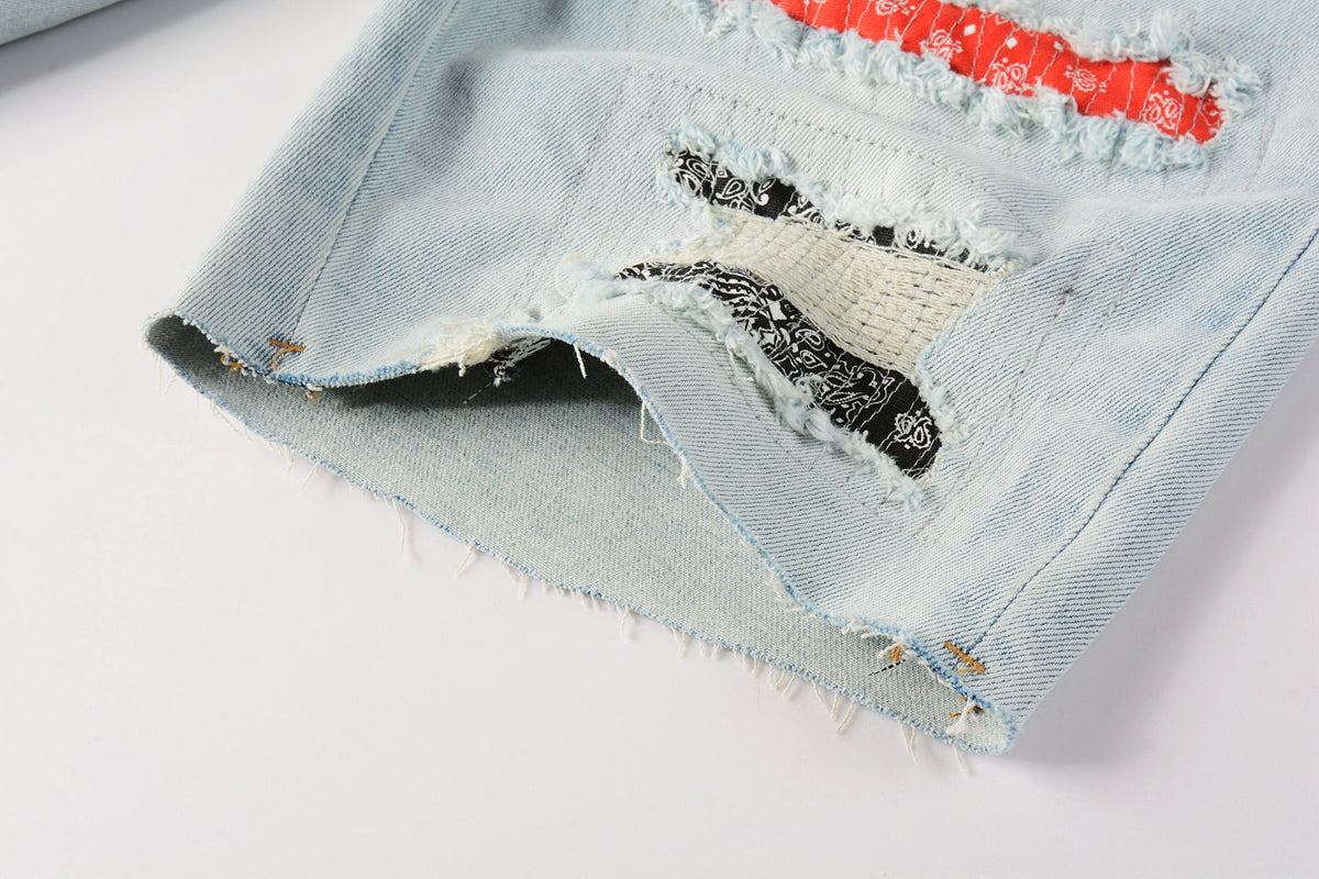 PURPLE  Men Streetwear Denim Shorts Light Blue Wash with Colorful Patched Rips and Raw Hem 5067