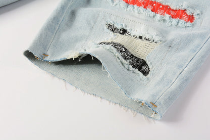 PURPLE  Men Streetwear Denim Shorts Light Blue Wash with Colorful Patched Rips and Raw Hem 5067