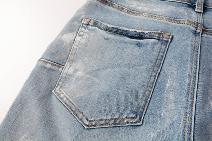 PURPLE  Men Streetwear Light Blue Denim Shorts with Vintage Wash and Raw Hem Finish 5091