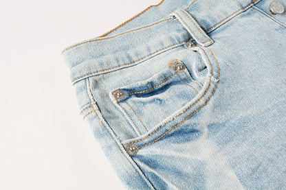 PURPLE   Men Streetwear Denim Shorts Light Blue Wash with White Distressed Patches and Raw Hem 5069