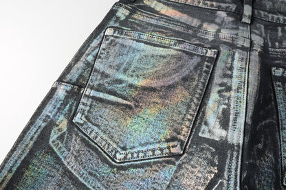 PURPLE  Men Streetwear Denim Shorts Black Wash with Holographic Reflective Finish and Raw Hem 5028