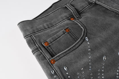 PURPLE  Men Streetwear Grey Denim Shorts with Radial Rhinestone Burst Patterns 5094