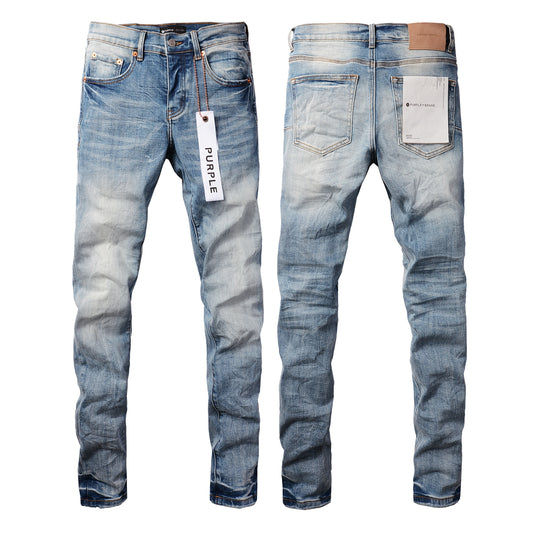 PURPLE  Men Streetwear Skinny Jeans Light Blue Wash with Faded Gradient Finish 9016