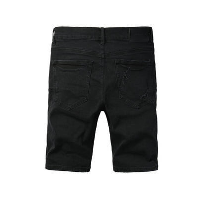 PURPLE  Men Streetwear Black Denim Shorts with Distressed Ripped Details and Raw Hem 5108