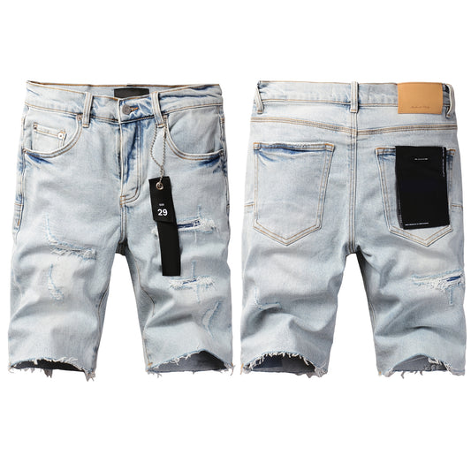 PURPLE  Men Streetwear Denim Shorts Light Blue Wash with Distressed Rips and Raw Hem 5088