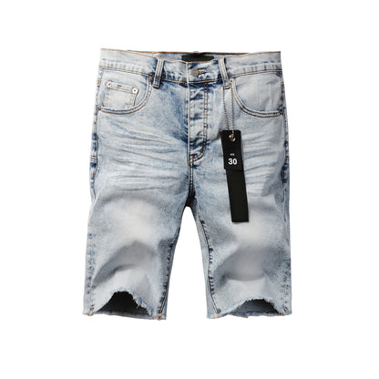 PURPLE  Men Streetwear Denim Shorts Light Blue Wash with Vintage Distressed Raw Hem 5053
