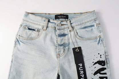 PURPLE  Men Streetwear Denim Shorts Light Blue Wash with Black Paint Streak Print and Raw Hem 5048