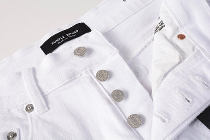 PURPLE  Men Streetwear White Cargo Denim Shorts with Multiple Pockets and Raw Hem 5082