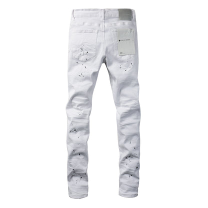 PURPLE   Men Streetwear Skinny Jeans White Wash with Black Paint Splatter and Distressed Rip 9021