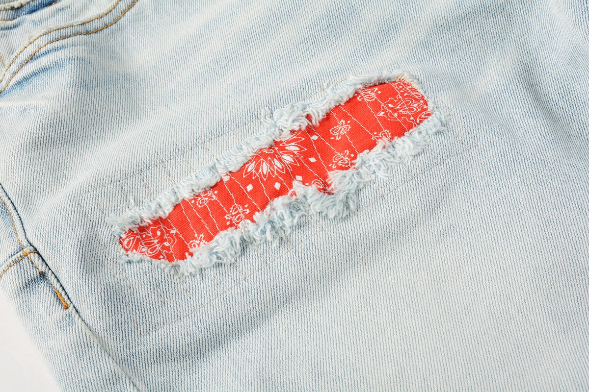 PURPLE  Men Streetwear Denim Shorts Light Blue Wash with Colorful Patched Rips and Raw Hem 5067
