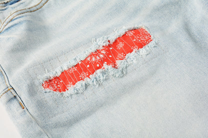 PURPLE  Men Streetwear Denim Shorts Light Blue Wash with Colorful Patched Rips and Raw Hem 5067
