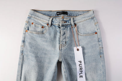 PURPLE   Men Streetwear Skinny Jeans Light Blue Wash with Knee Ripped Details and Black Lining 9010