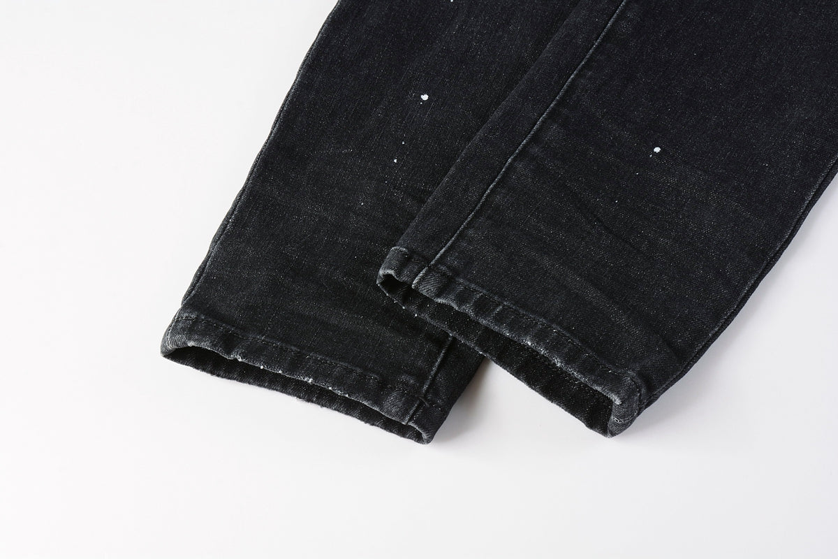 PURPLE   Men Streetwear Skinny Jeans Black - Gray Fade Wash with White Paint Specks 9027