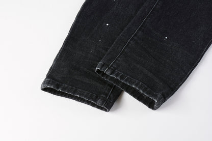 PURPLE   Men Streetwear Skinny Jeans Black - Gray Fade Wash with White Paint Specks 9027