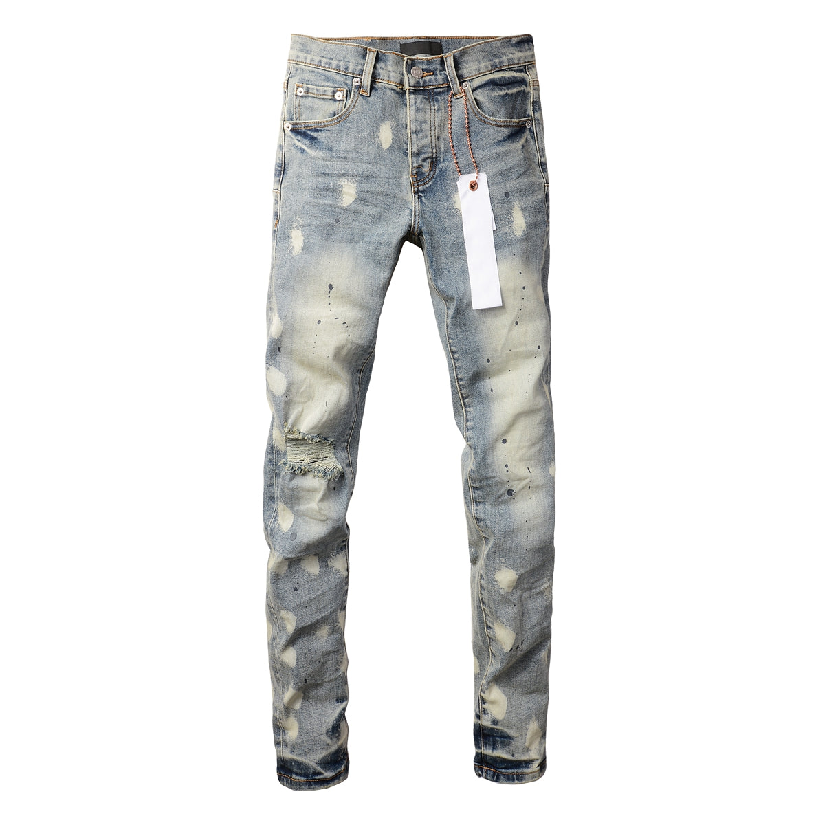 PURPLE   Men Streetwear Jeans Distressed Light Blue Paint Dot Ripped skinny 9092