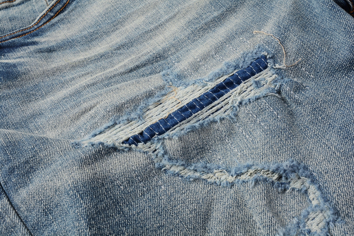 PURPLE  Men Streetwear Denim Shorts Light Blue Wash with Distressed Rips and Contrast Blue Hem 5013