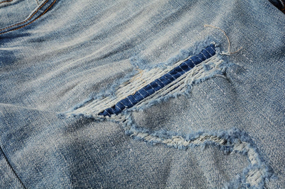 PURPLE  Men Streetwear Denim Shorts Light Blue Wash with Distressed Rips and Contrast Blue Hem 5013