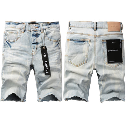 PURPLE  Men Streetwear Denim Shorts Light Blue Wash with Washed Distressed Raw Hem 5017