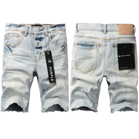 PURPLE  Men Streetwear Denim Shorts Light Blue Wash with Washed Distressed Raw Hem 5017