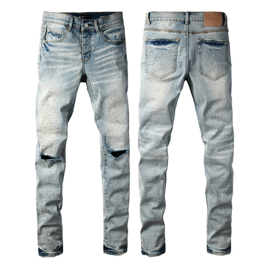 PURPLE  Men Streetwear Skinny Jeans Light Blue with Rhinestone Studs and Distressed Details PU9119
