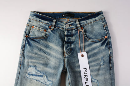 PURPLE   Men Streetwear Skinny Jeans Light Blue Wash with Subtle White Pattern Wash 9013