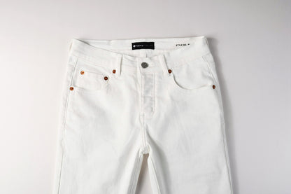 PURPLE  Men Designer Streetwear Skinny Jeans Solid White with 3D Embossed Monogram Pattern 9113