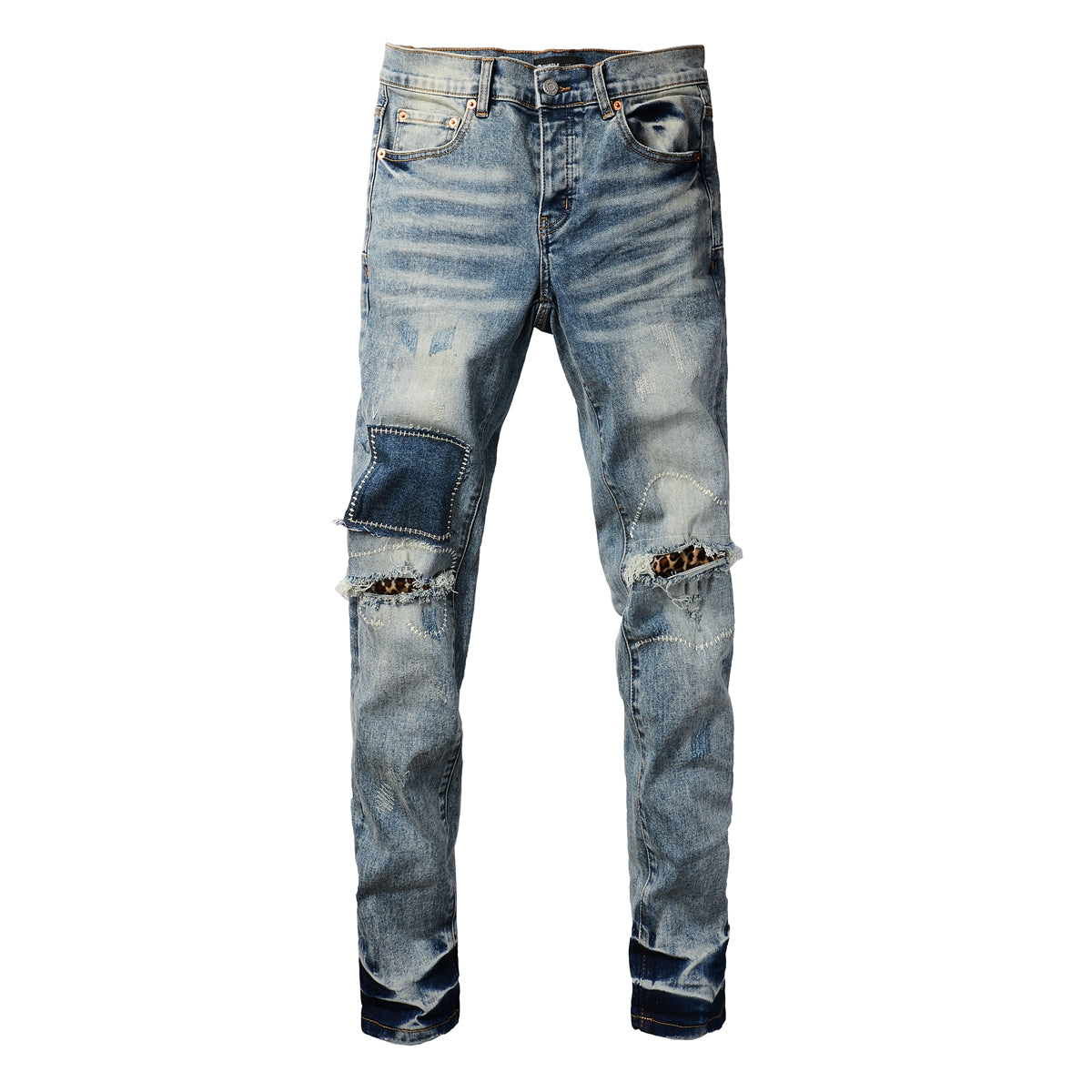 PURPLE  Men Streetwear Jeans Distressed Light Blue Patch Leopard Ripped skinny 9095